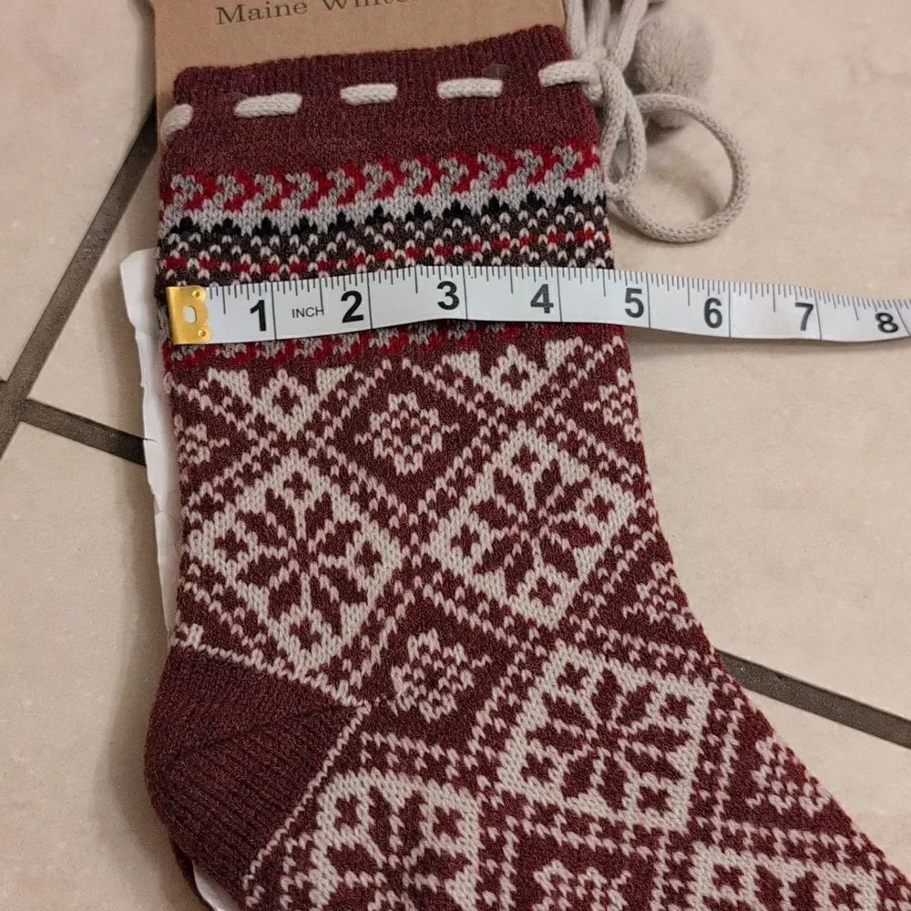 NWT LL Bean Maine Winter Sock Maroon and White Knit with pom poms size L-XL